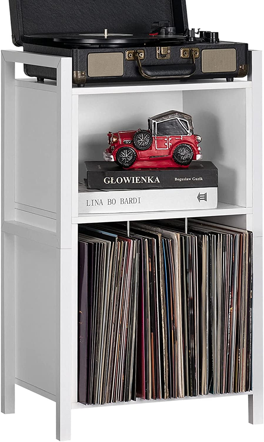 White Record Player Stand, 3Shelf Vinyl Record Holder with Storage