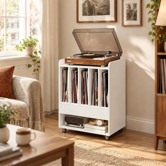 White Record Player Stand with Drawer, Vinyl Record Holder, and Turntable Storage