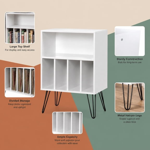 White Record Player Stand with Storage Cabinet, Open Shelf, Metal Legs