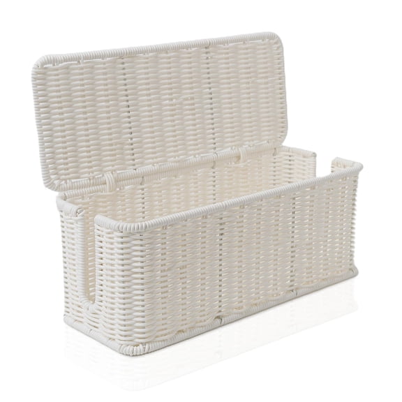 White Rectangle Cable Management Box Synthetic Rattan Organizer for Routers and Hubs