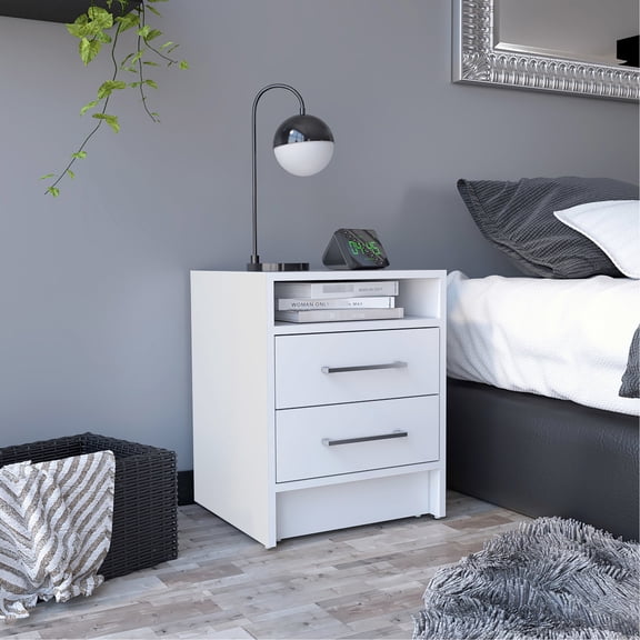 White Rectangle End Table with Two Drawers | Hold Remotes, Keys in Bedroom | Particle Board Structure | Maximize Bedroom Space with Smart Storage