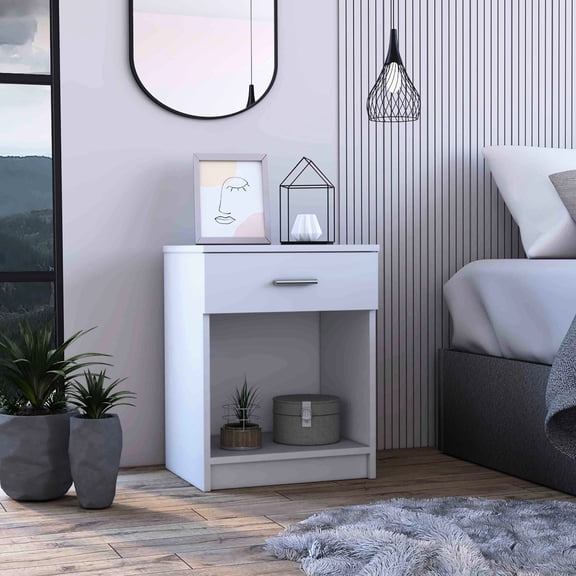 White Rectangle Side Table with Drawer and Shelf Design / Improve Bedroom Utility