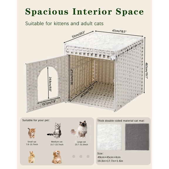 White Rectangle-XL Rattan Cat Bed, Extra Large Double Cave Hideaway with Double-sided Cushion