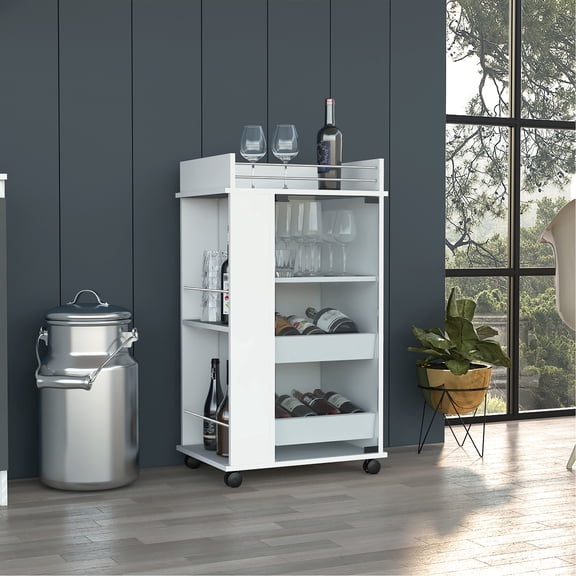 White Rectangular Bar Cart With 2 Shelf And Practicality In White, 2 Side Shelves Functional Glass Door