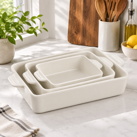 White Rectangular Ceramic Bakeware Set, 3-Piece Casserole Dishes for Oven Cooking