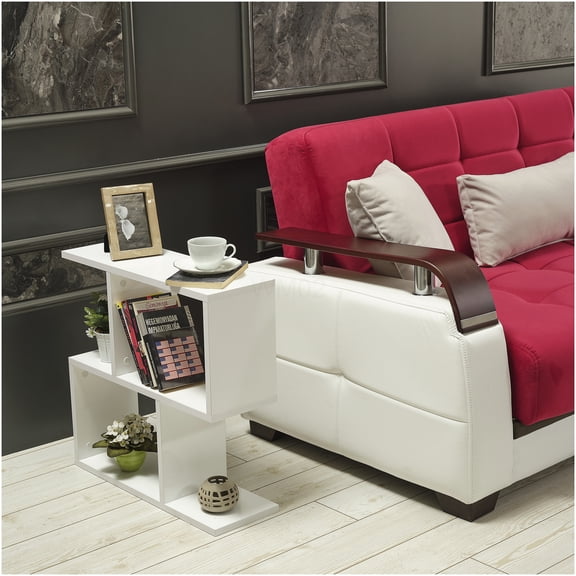 White Rectangular End Table with 4 Shelves, Narrow Side Table for Living Room, Sofa Table with Storage, Solid Wood Accent Table