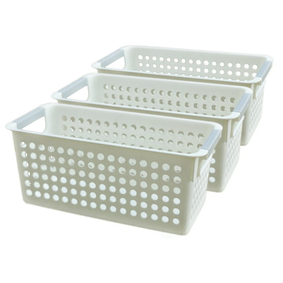 White Rectangular Plastic Shelf Organizer Basket with Handles Set of 3