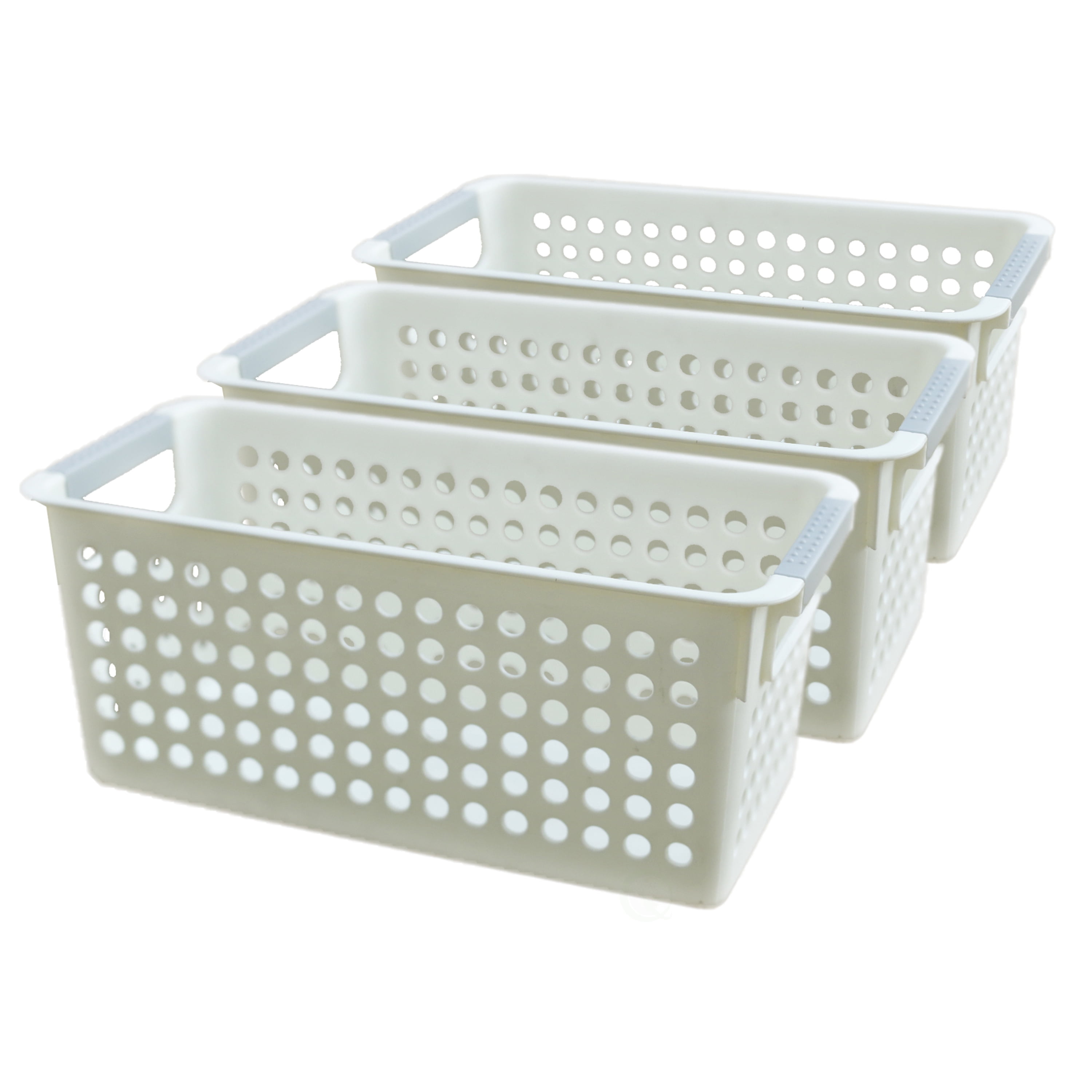 White Rectangular Plastic Shelf Organizer Basket with Handles Set of 3