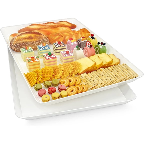 White Rectangular Serving Tray Platter Set, 22" x 15" x 1.6", 2-Pack, BPA-Free Plastic, Glossy Finish
