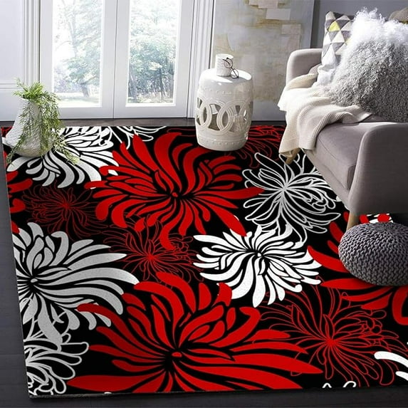 White Red Area Rug, Chrysanthemum Non-Slip Rugs Foldable Design Does Soft Carpet For Living Room Bedroom Dining Room Office 4 x 6ft