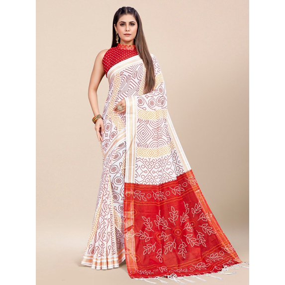 White & Red Bandhani Printed Zari Pure Cotton Bandhani Sarees - 25479352