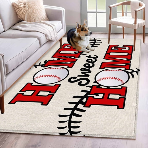 White Red Baseball Area Rug 4'x6', Modern Art Funny Words Washable Non-Slip Rugs, Low Pile Large Carpet for Living Room Bedroom Dining Room Kitchen Office Indoor Mat