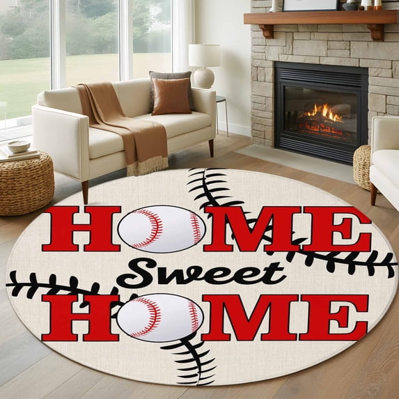 White Red Baseball Round Rug 5ft Washable Circle Kitchen Rugs Non Slip Modern Art Funny Words Large Area Rug Indoor Floor Carpet for Bedroom Living Room Home Office Dining Room Nursery