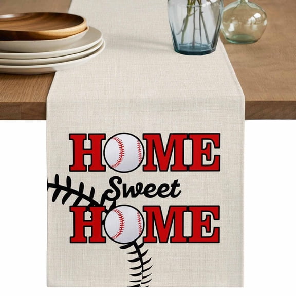 White Red Baseball Table Runner, Modern Art Funny Words Washable Cotton Linen Table Runners 36 Inches Long, Dresser Scarf Runner for Nightstand/End Tables/Round Tables 13''x36''