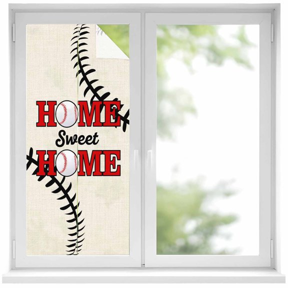 White Red Baseball Window Privacy Film, Modern Art Funny Words Static Cling UV Sun Blocking Heat Control Window Tint Day and Night, Non-Adhesive Reusable One Way Windows Privacy Cover 19.6''x39.3''