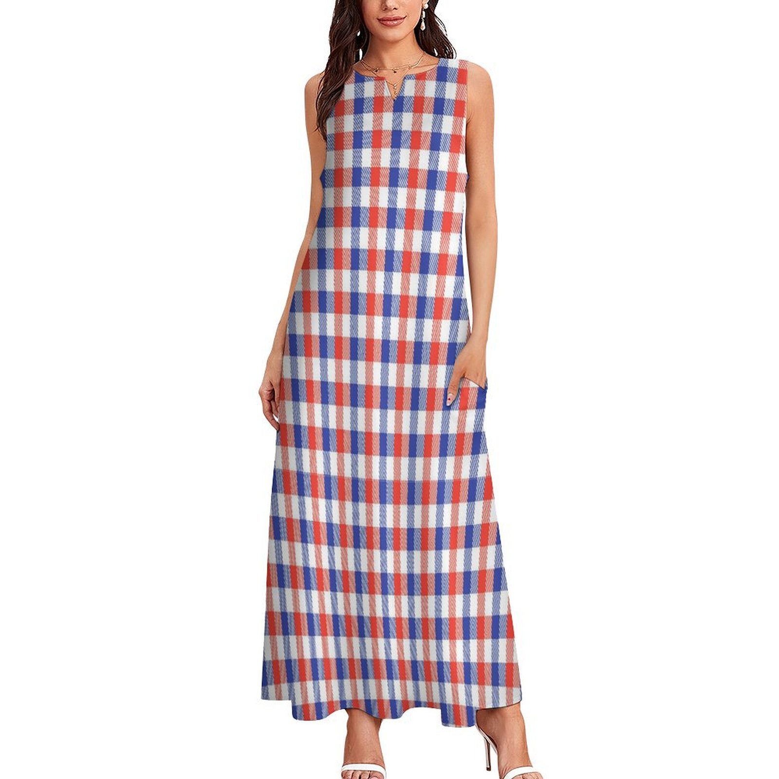 White Red Blue Tartan Plaid Long Dress Bridesmaid Dress Woman Dress Women Summer White Red Blue Tartan Plaid Long Dress Bridesmaid Dress Woman Dress Women Summer