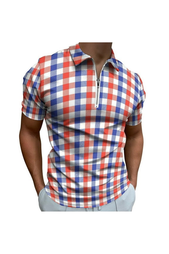 White Red Blue Tartan Plaid Men Zipper T-shirt Summer Casual Short Sleeve T-shirt Top