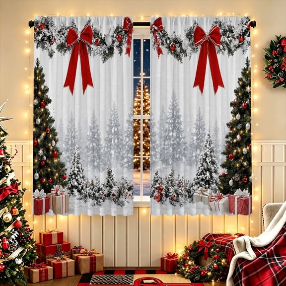 White Red Bow Christmas Print Polyester Kitchen Curtain, Multi‑Size, Cozy Holiday Decor for Kitchen & Bedroom