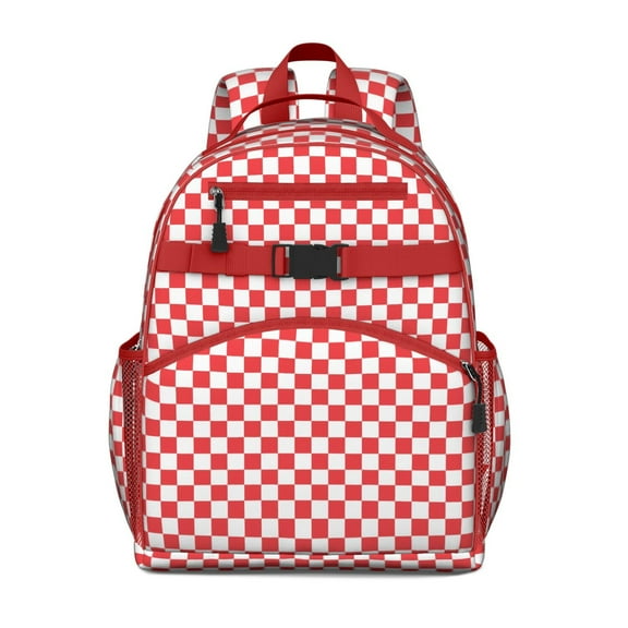 White Red Checkered Backpack for School,Cute School Bag,Schoolbag with Adjustable Shoulder Straps & Padded Back,15.25"x11.5"x5.25"