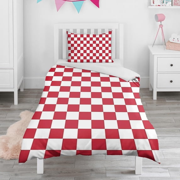 White Red Checkered Duvet Cover and Pillowcase Set for Single Bedding, Bedroom Accessories for Kids Teens