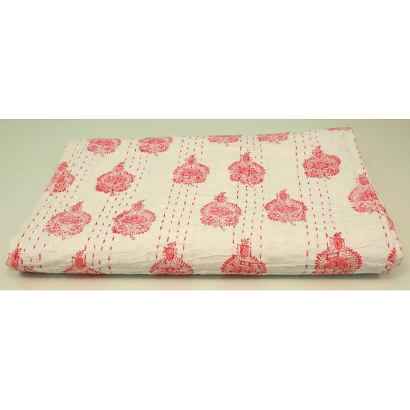 White Red Floral Block Print Kantha Quilt Handmade Cotton Indian Bedspread Lightweight Reversible Throw Blanket