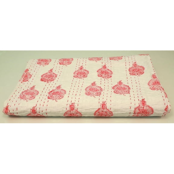 White Red Floral Block Print Kantha Quilt Handmade Cotton Indian Bedspread Lightweight Reversible Throw Blanket