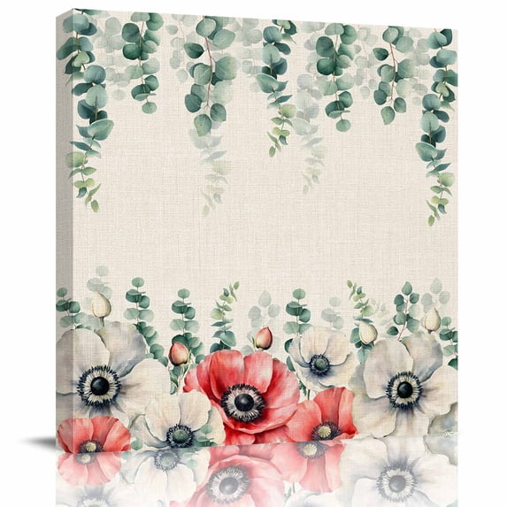 White Red Flower Framed Canvas Wall Art, Green Eucalyptus Leaf Vintage Linen Farm Plant Wall Art Painting for Living Room Bedroom Home Decor, 16”x16”, Office Artwork Print