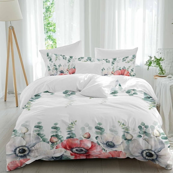 White Red Flower Queen Size Comforter Set, Green Eucalyptus Leaf Farm Plant Bedding for All Seasons, 4 Pcs Bed Set, 1Quiltcover (90"x92") ,1Sheet(94"x116"), 2Pillowcases (30"x20")