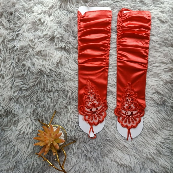 White Red Gold Black Bridal Gloves Women Ruffed Fingerless Wedding PromParty Satin Elbow Length Beaded Gants Femme Women 20s Satin gloves Formal Bridal Banquet Party Wedding Opera Colorful Mitten