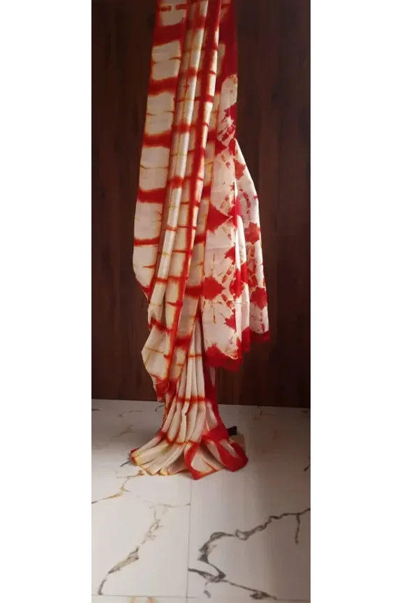 White Red Hand Tie & Dye Bandhej Pure Silk Saree