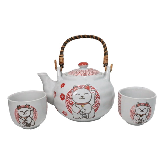 White Red Maneki Neko Lucky Cat Ceramic Tea Pot And 2 Cups Set Bamboo Handle