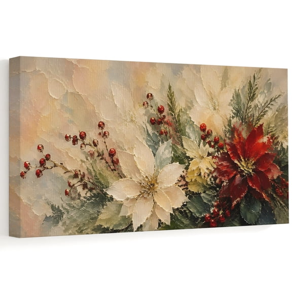 White Red Poinsettia Canvas Wall Art, Rustic Christmas Flower Berry Oil Painting Wall Art Prints Artwork Framed Canvas Ready to Hang Art Pictures for Living Room Villa Entrance Lobby 40" x 20"
