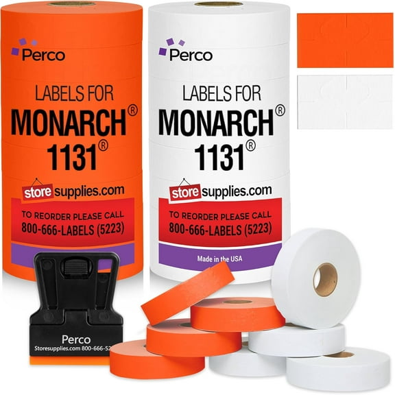 White & Red Pricing Labels for Monarch 1131 Price Gun - One White and One Red Sleeve - 2 Sleeves, 16 Rolls Combo Pack - 40,000 Pricemarking Labels - with Label Scraper & Ink Rolls Included