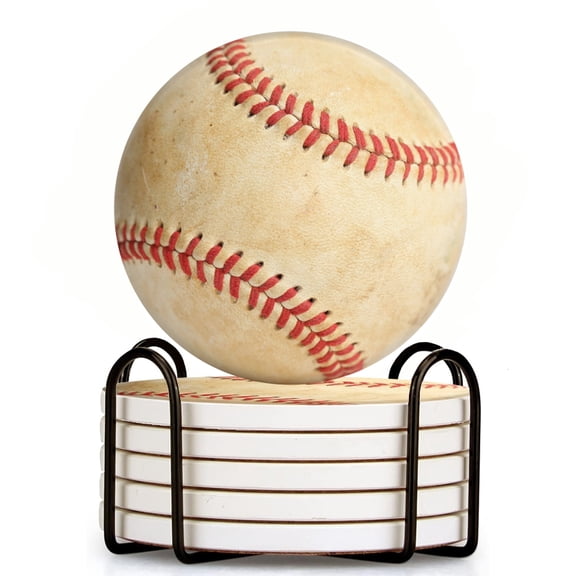 White With Red Stitching Baseball Set of 6 Ceramic Coasters with Holder, Absorbent Drink Bar Coasters, Table Coasters for Living Room Decor Tabletop Protection