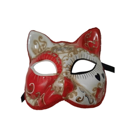 White Red with Hearts Cat Masquerade Mardi Gras Venetian Mask