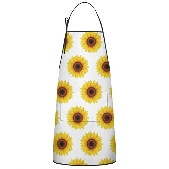 White Regular Sunflower Pattern Apron-Garden Aprons for Women with Pockets-Cotton Linen Waterproof Kitchen Cooking Gardening Aprons Adjustable for Kitchen,Cooking,BBQ and Salon 33x27 Inch