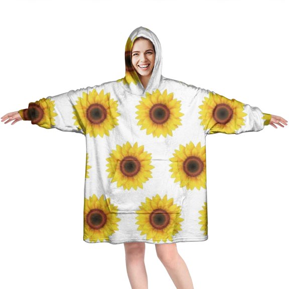 White Regular Sunflower Pattern Wearable Oversized Blanket,Wearable Blanket Hoodie for Adults,Cozy Hooded Blankets with Super Pockets,Super Warm Fuzzy Pullover for Women & Men