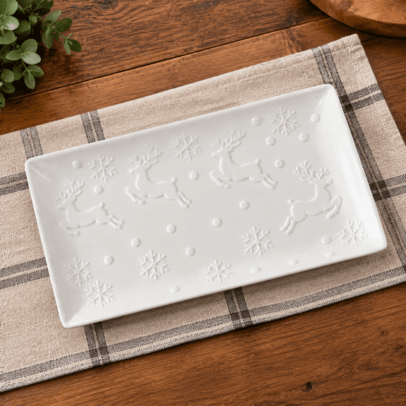 White Reindeer Ceramic Serving Platter Set, 4-Pack Rectangular Trays for Holiday Gatherings