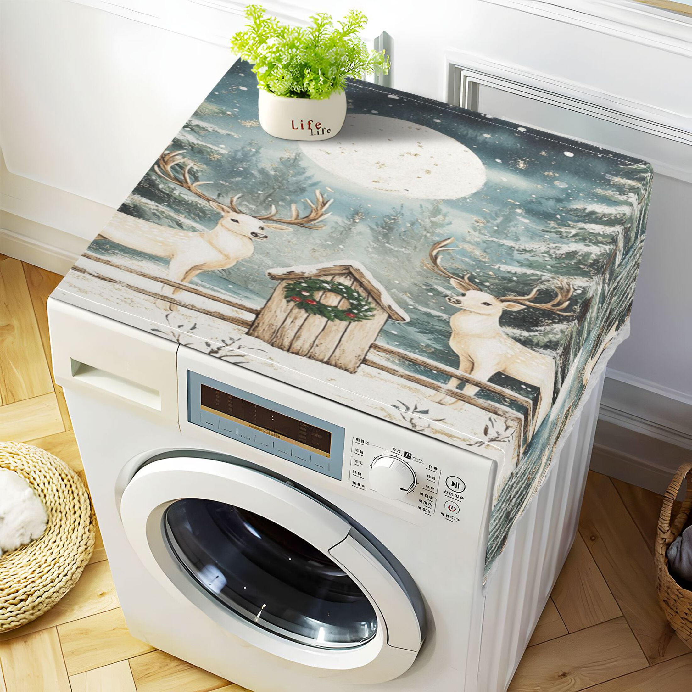 White Reindeer and SnowWasher and Dryer Covers Dust-Proof and Oil Resistant Fridge Cover with 4 Storage Pockets Washing Machine Top Cover for Laundry Kitchen Home 51.2 x 22 In