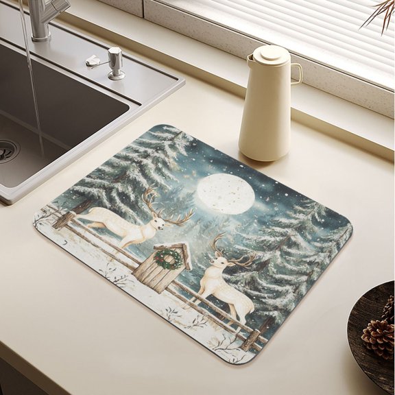 White Reindeer and Snow Drying Mat Diatomaceous Earth Super Absorbent Non-slip Rubber Sole Heat Resistant 230 Degrees Fahrenheit 19.715.7in