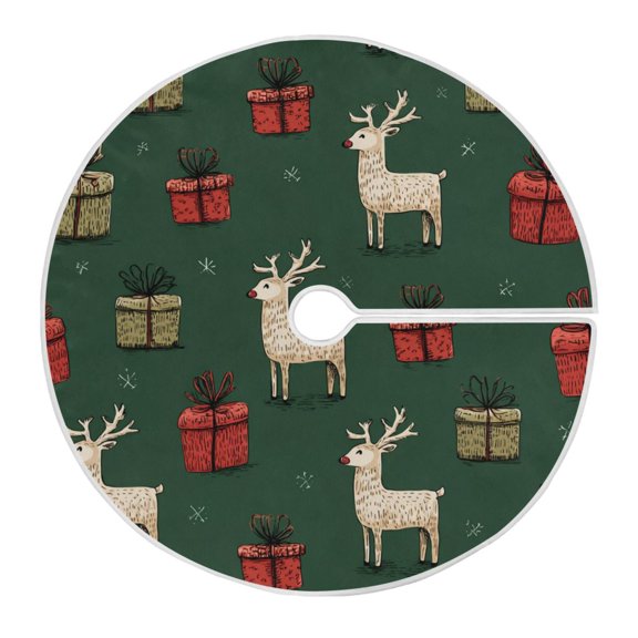 White Reindeer with Christmas Gift Christmas Tree Skirt Opening Design Floor Mat Holiday Decor 35 inch