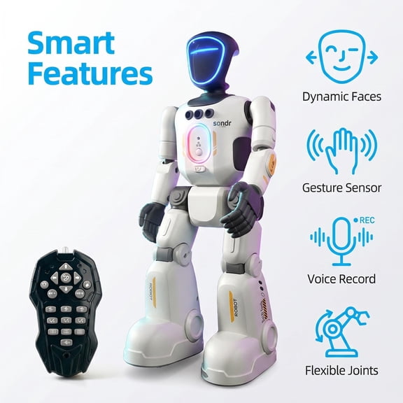 White Remote Control Interactive Robot, Movable Rotatable Structure with LED Lights, Rechargeable Battery & Charger Included, Electronic Toy for Boys and Girls Ages 8+