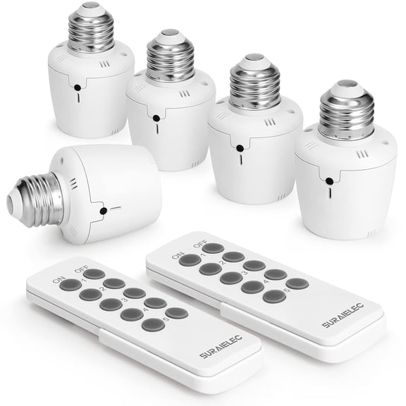 White Remote Control Light Socket, E26 E27 Bulb Base, 100FT Range | Wall Mountable Wireless Light Switch for Lamps, Pull Chain Light Fixture, Pull String (5 Sockets 2 Remotes, Shorter Version)