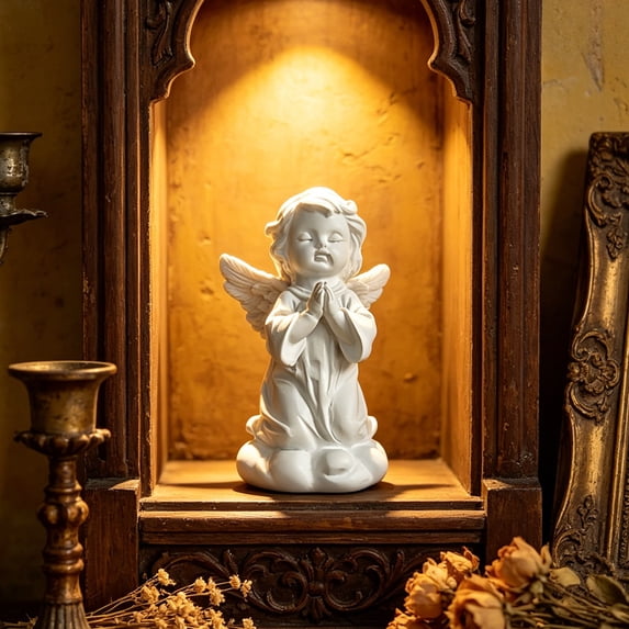 White Resin Angel Figurine, Praying Statue Shelf Decor for Memorial Gift Desk Mantel Table Accent