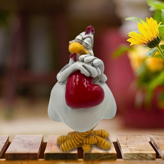 White Resin Chicken Figurine With Heart, 4.33 X 2.56 In, Playful Romantic Accent For Kitchen Living Room Or Garden, Hand Painted Smooth Finish, Durable Sweet Gift For Valentine’s Day Anniversary