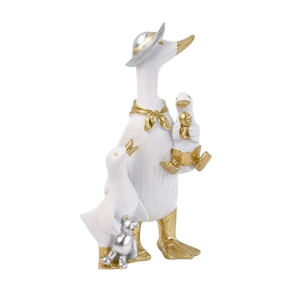 White Resin Duck Couple Figurine Holding Gold Umbrella Home Decor Tabletop Ornament 1 Pack