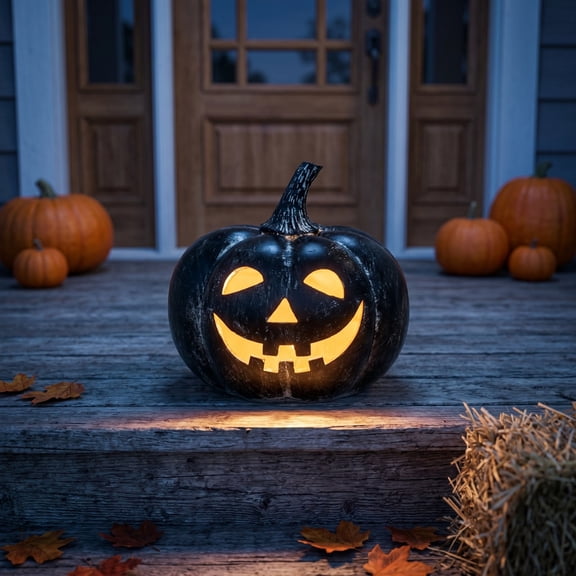 White Resin Halloween LED Light up Pumpkin, Classic Smiling Face Jack O Lantern, Fall Festive Decor for Porch Yard Outdoor Indoor Home Halloween Decoration, Black