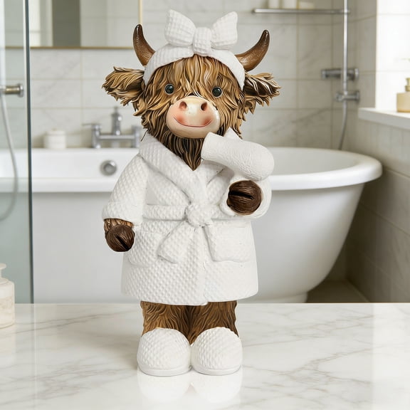 White Resin Highland Cow Statue, Cute Textured Bath attire details, Cute Home decor, Bathroom decor and Accessories, Garden decorations Outdoor, Housewarming Gift, Ideal for