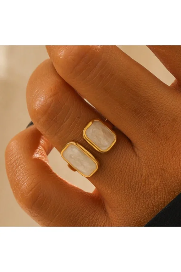 White Resin Inlay Goldtone Open Double Rectangle Ring For Women