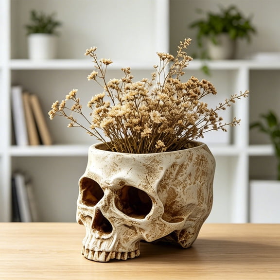 White Resin Skull Flower Pot, Skeleton Head Planter Bowl For Desk Home Office Halloween Decor